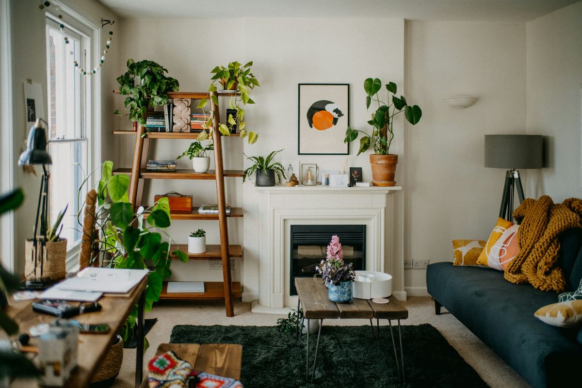 Living con chimenea y plantas